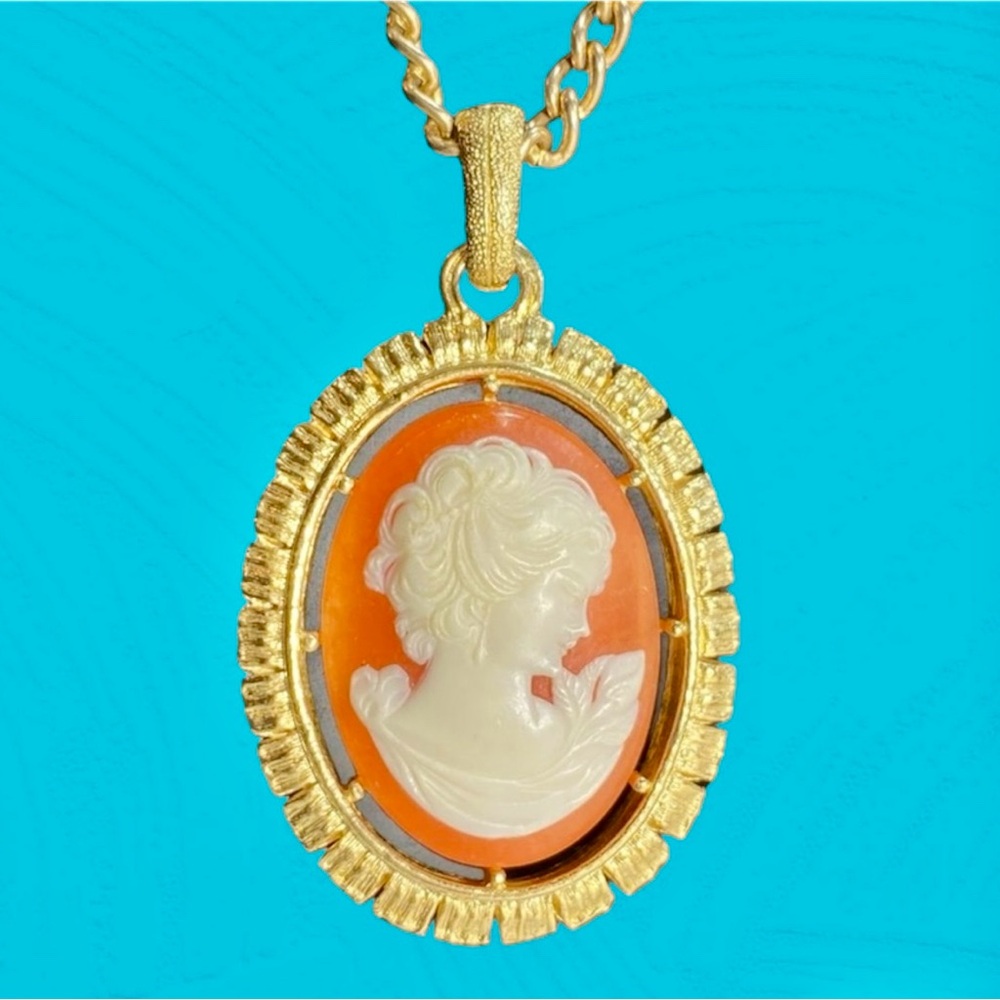 Vintage 70s Avon Cameo Necklace Golden Gold Tone Long Length Jewelry Coral Color